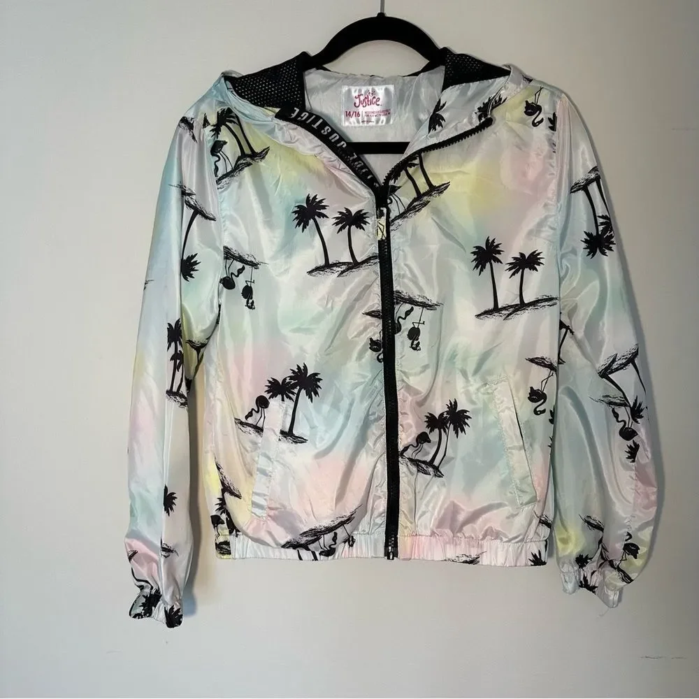 New! Girls 14/16 Justice Palm Tree Hooded Lightweight Jacket Spring Summer Rain